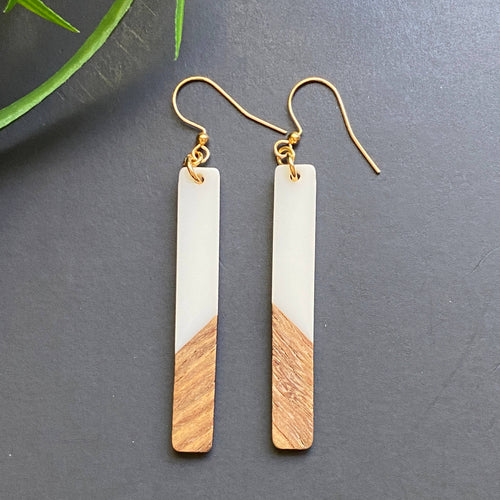 White Resin and Wood Earrings Drop Dangle