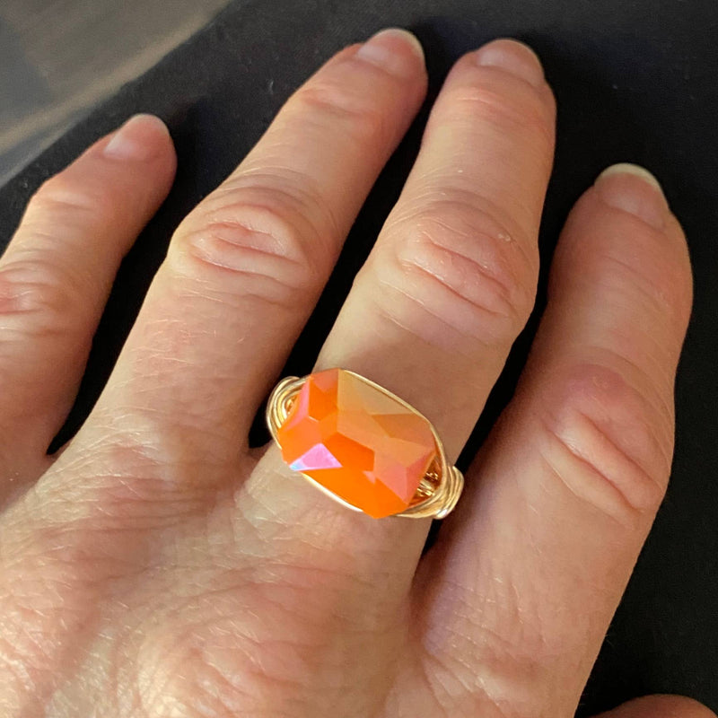 Orange Crystal Faceted Statement Ring