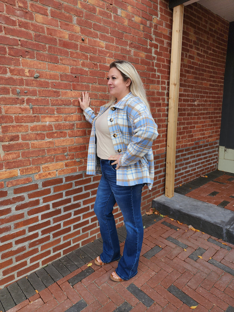 Curvy Light Blue Plaid Button Up