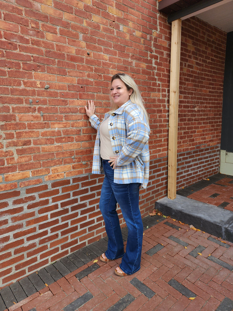 Curvy Light Blue Plaid Button Up
