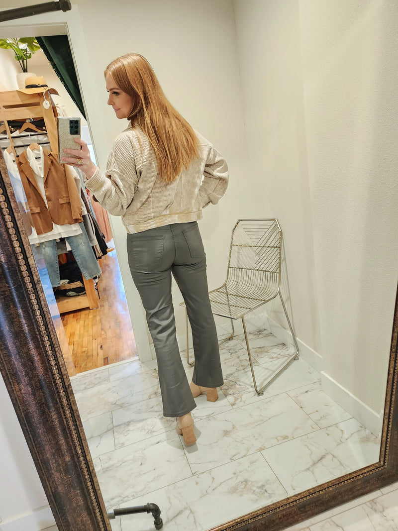 KUT Kelsey Coated Grey High Rise Fab Ab Ankle Flare