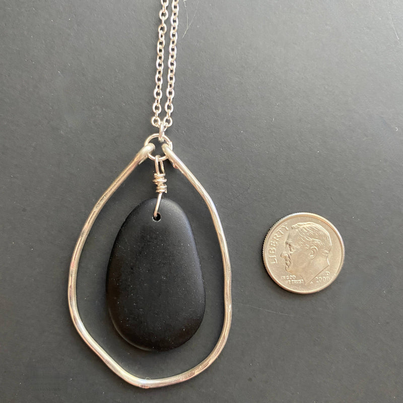 Silver Organic Hammered Hoop and Black Drop Necklace