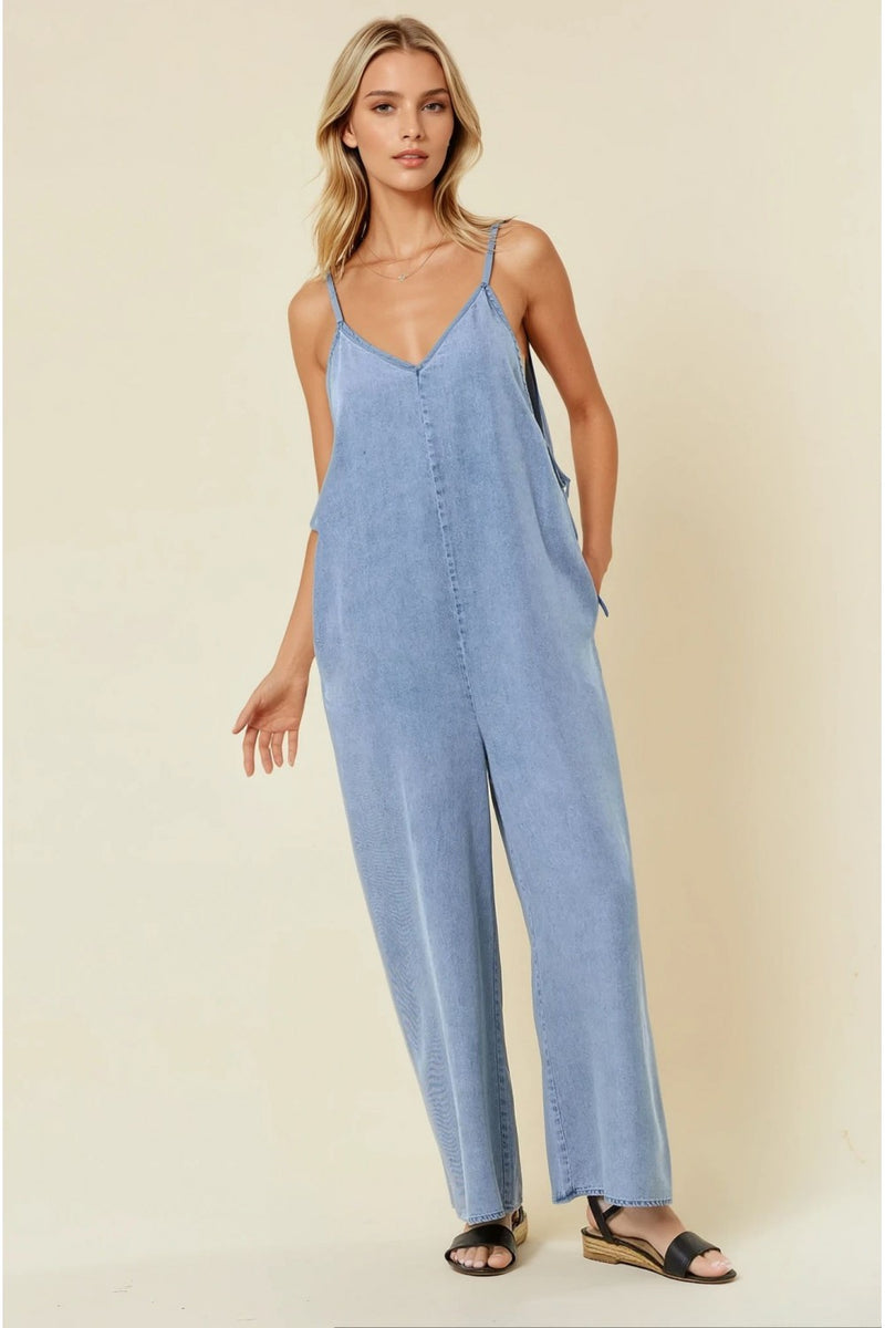 V-Neck Wide Leg Tencel Jumpsuit