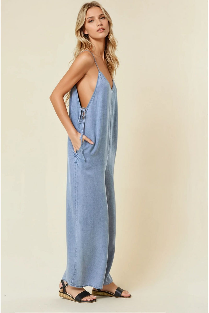 V-Neck Wide Leg Tencel Jumpsuit