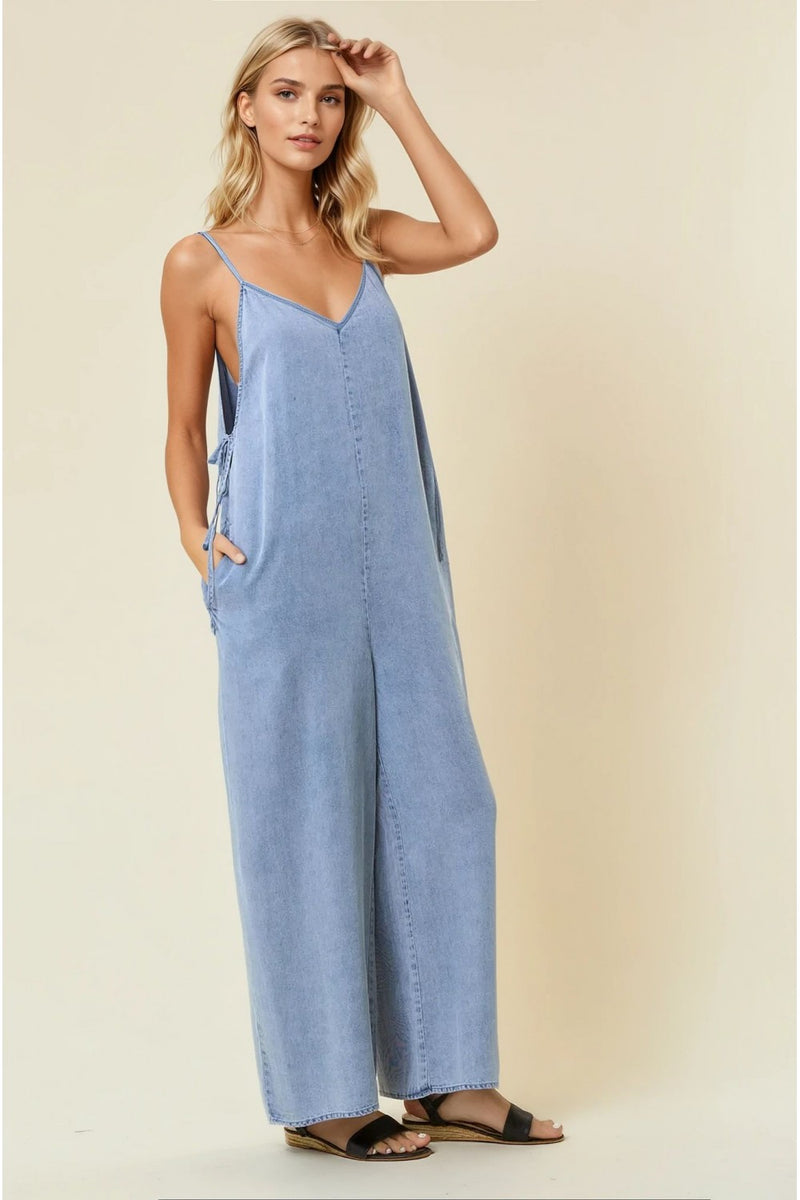 V-Neck Wide Leg Tencel Jumpsuit