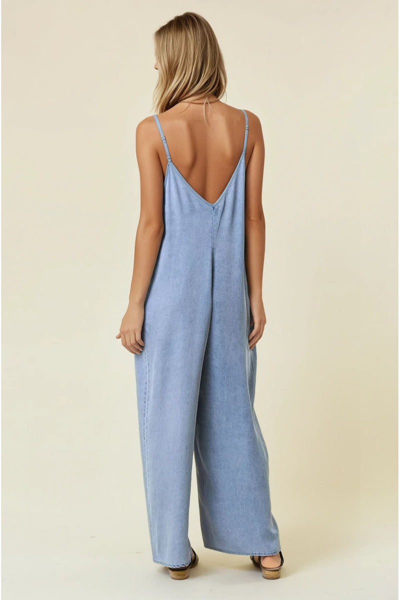 V-Neck Wide Leg Tencel Jumpsuit