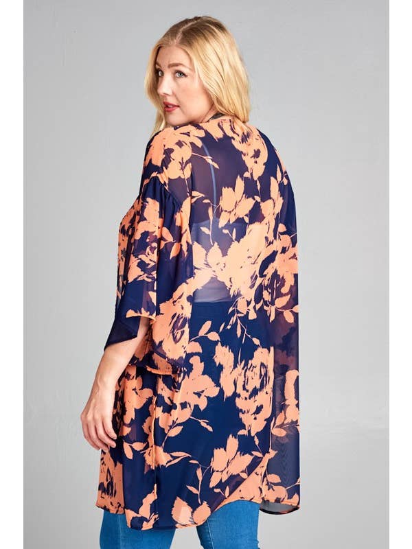 Plus Size Tropical Printed Chiffon Kimono