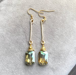 Green Crystal Earrings Rectangle Hammered Bar Drop