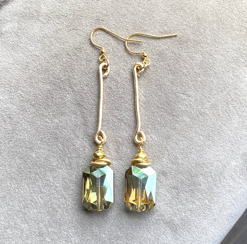 Green Crystal Earrings Rectangle Hammered Bar Drop