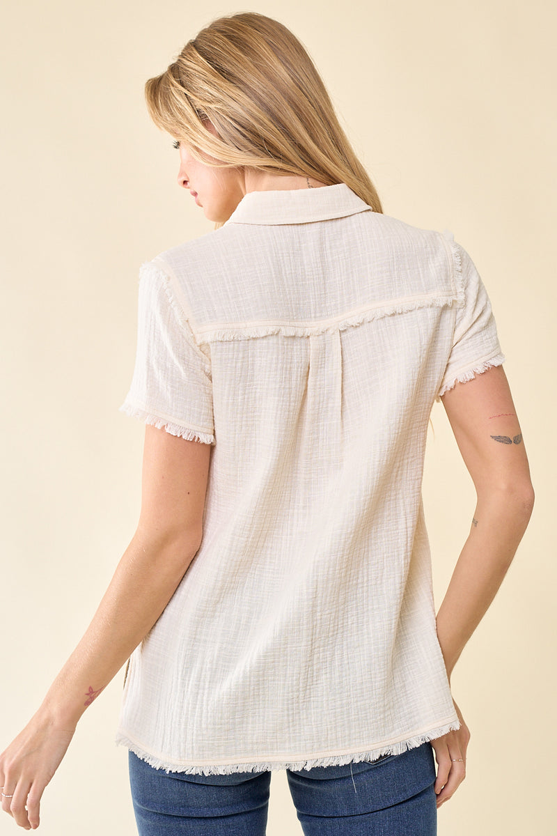 Short Sleeve Frayed Button Down
