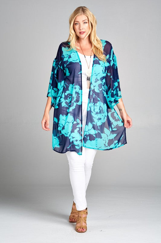 Plus Size Tropical Printed Chiffon Kimono