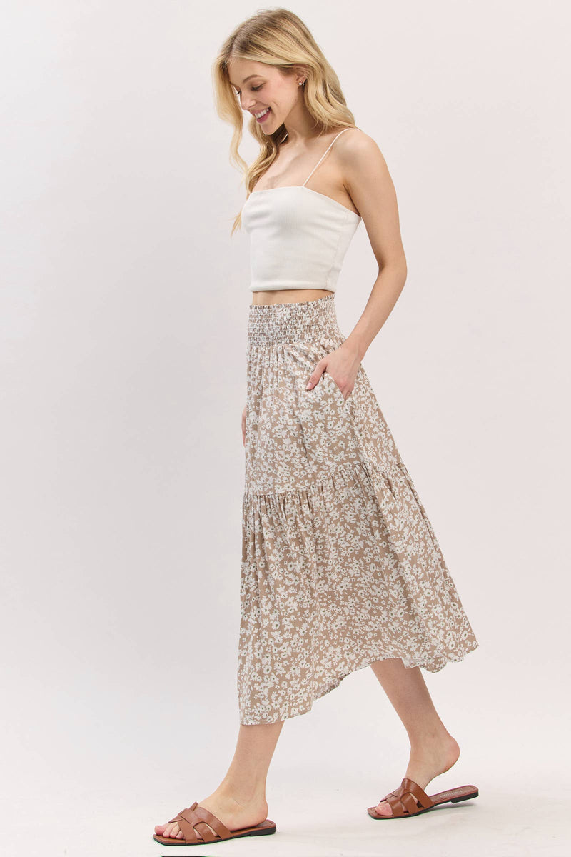 Print Tiered Midi Skirt