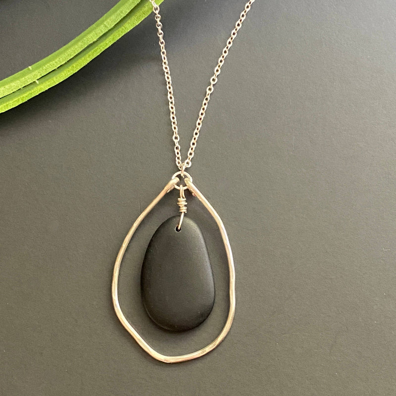 Silver Organic Hammered Hoop and Black Drop Necklace