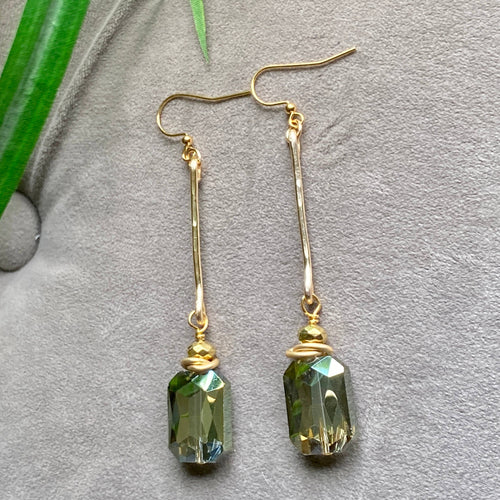 Green Crystal Earrings Rectangle Hammered Bar Drop