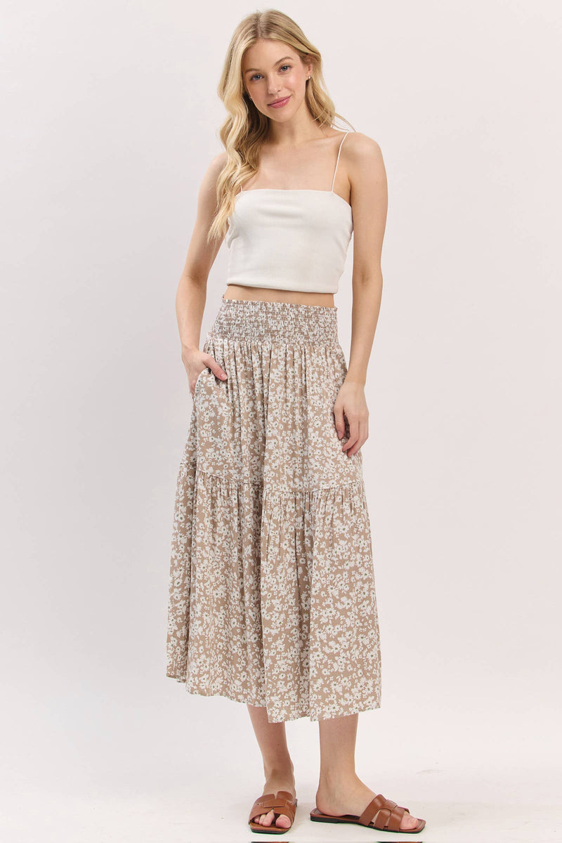 Print Tiered Midi Skirt
