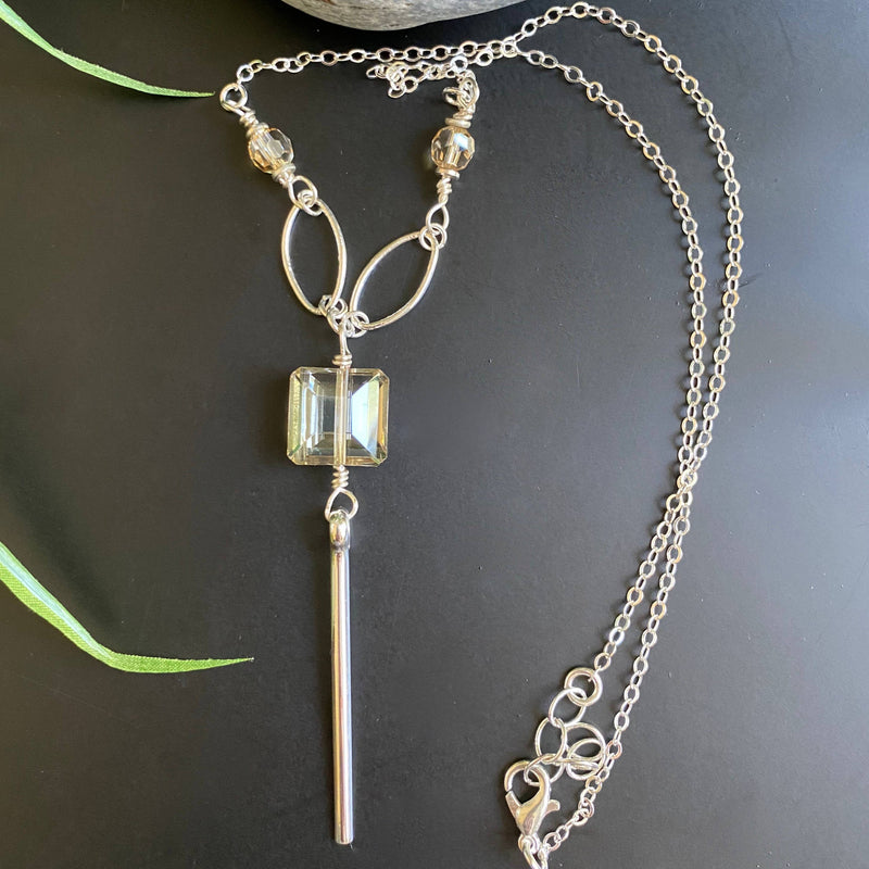 Crystal Drop Bar Necklace Silver Chain Layer Boho