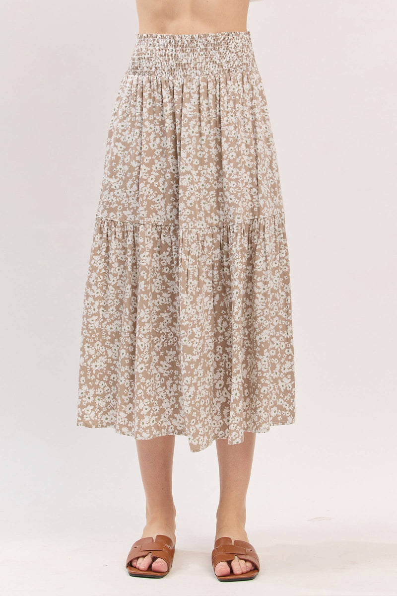 Print Tiered Midi Skirt
