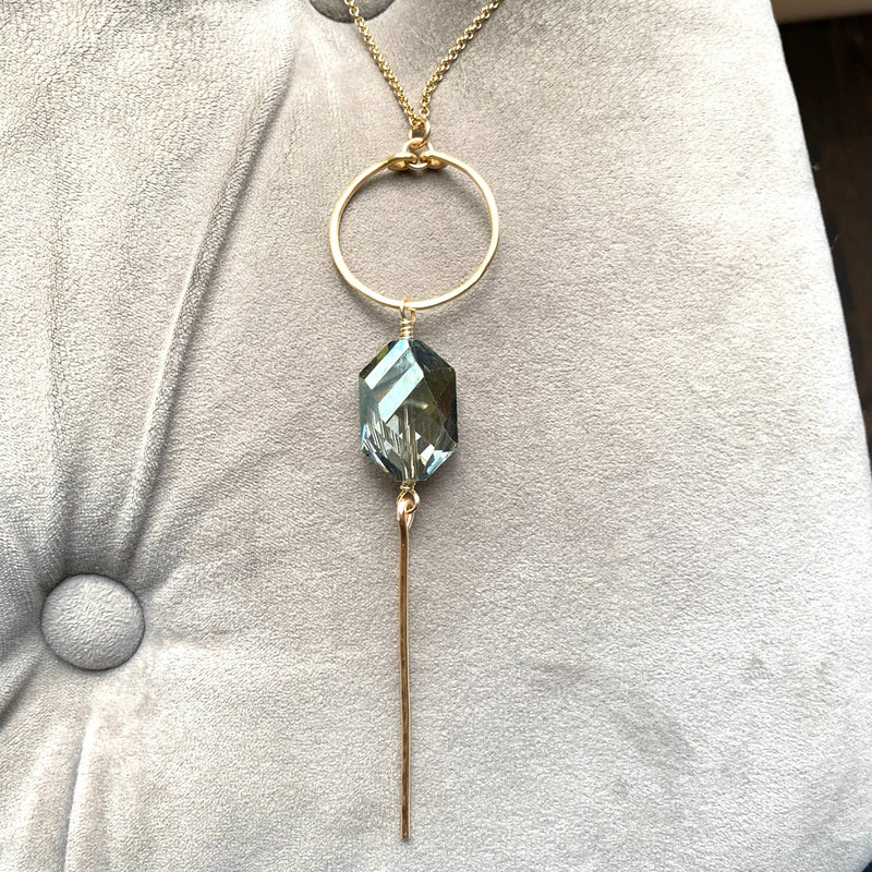 Green Crystal Hammered Hoop and Bar Necklace