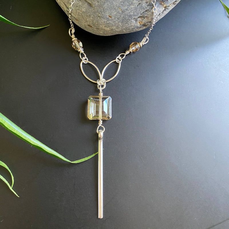 Crystal Drop Bar Necklace Silver Chain Layer Boho