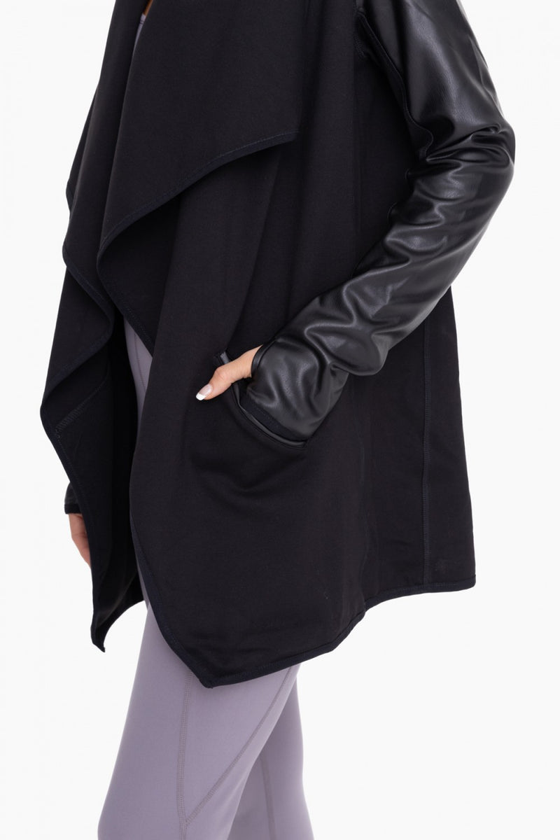 Leather Detail Waterfall Cardigan