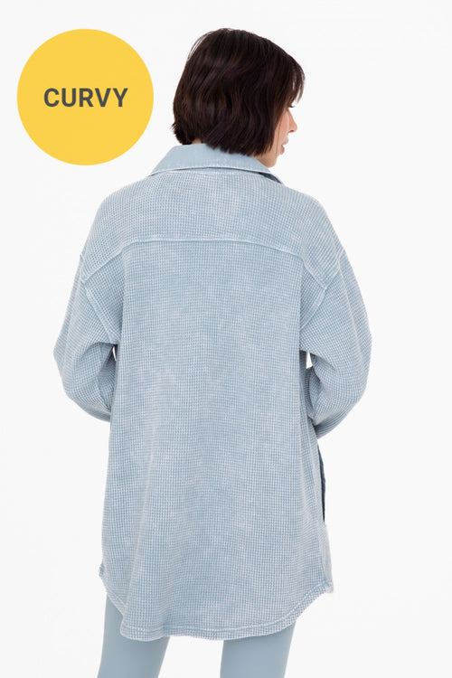 Curvy Waffle Knit Mineral Washed Button Down Jacket