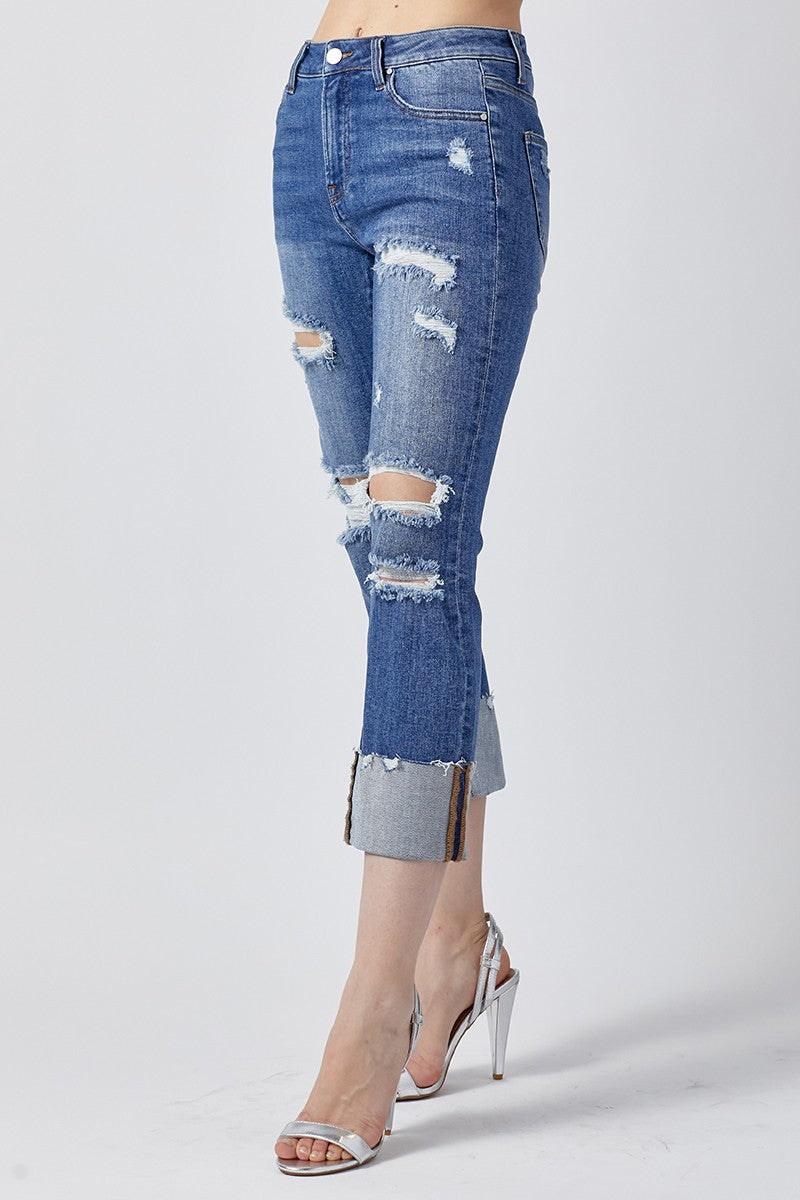 Distressed Capri Cuff Denim