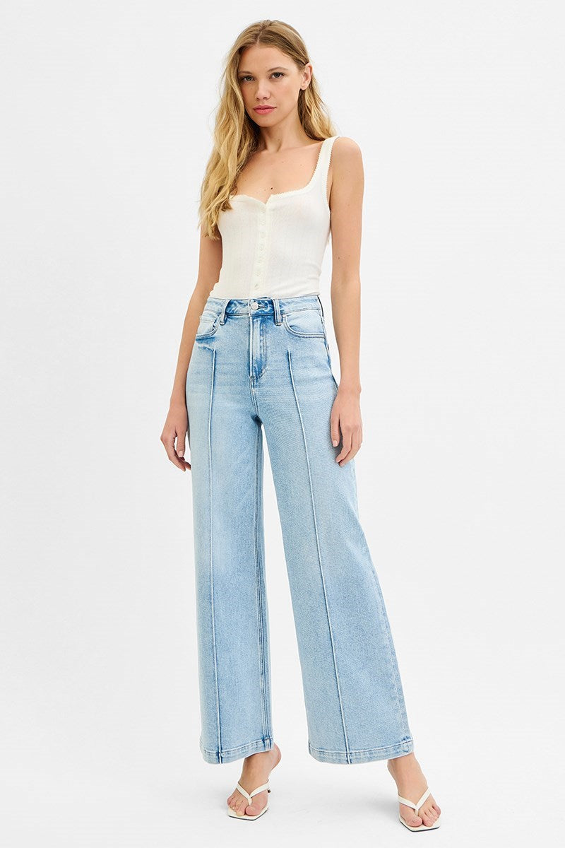 Risen High Waist Wide Leg Pintuck Jean