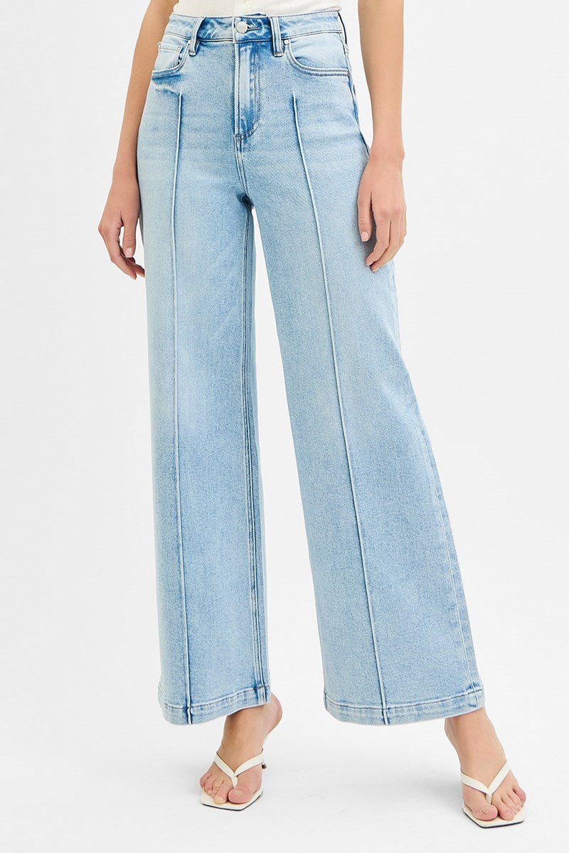 Risen High Waist Wide Leg Pintuck Jean