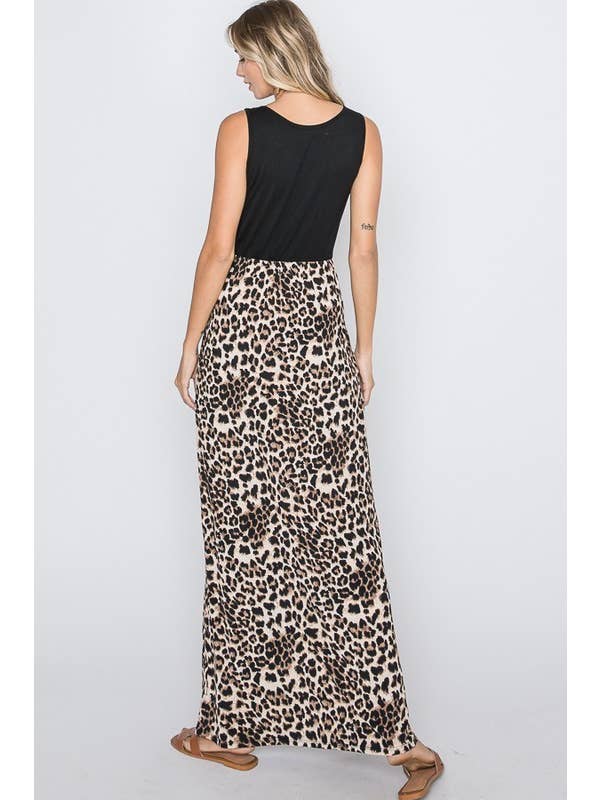 Sleeveless Solid and Animal Print Maxi Dress