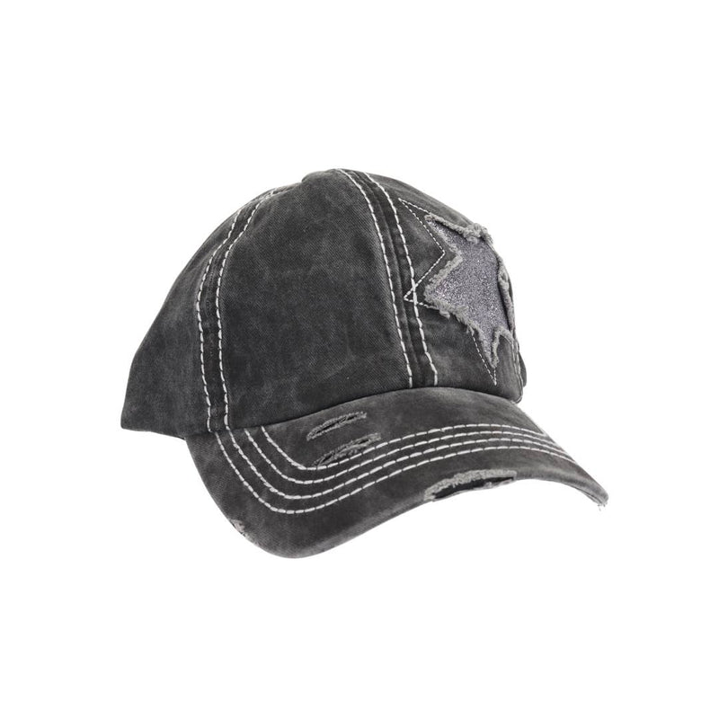 Distressed High Pony Cap with Glitter Star