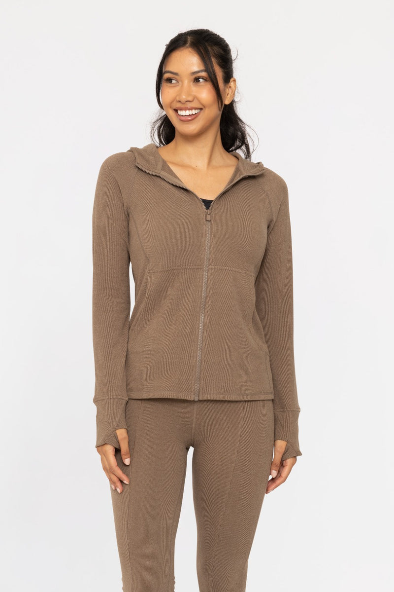 Brushed Ribbed Zip Up Hoodie Jacket