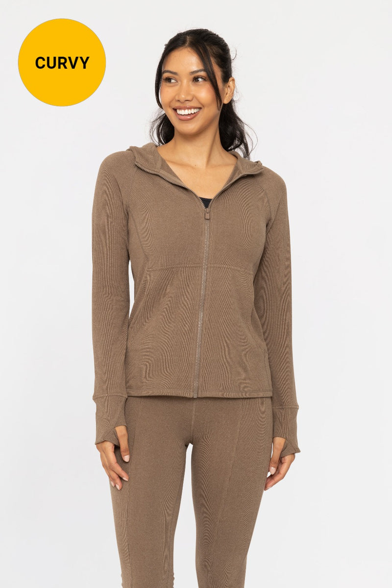 Curvy Brushed Ribbed Zip Up Jacket