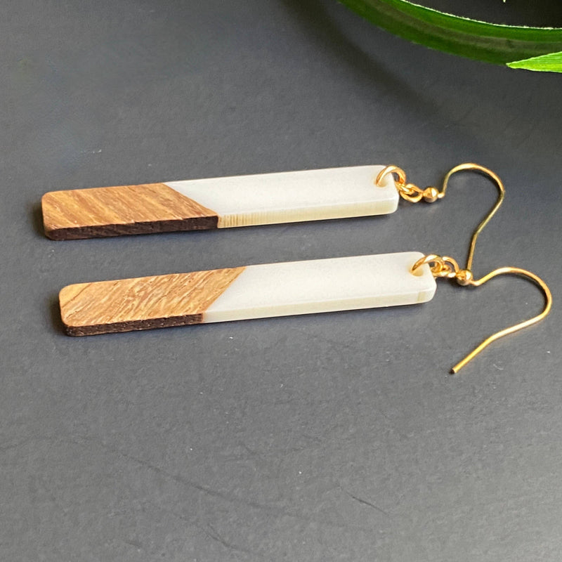 White Resin and Wood Earrings Drop Dangle
