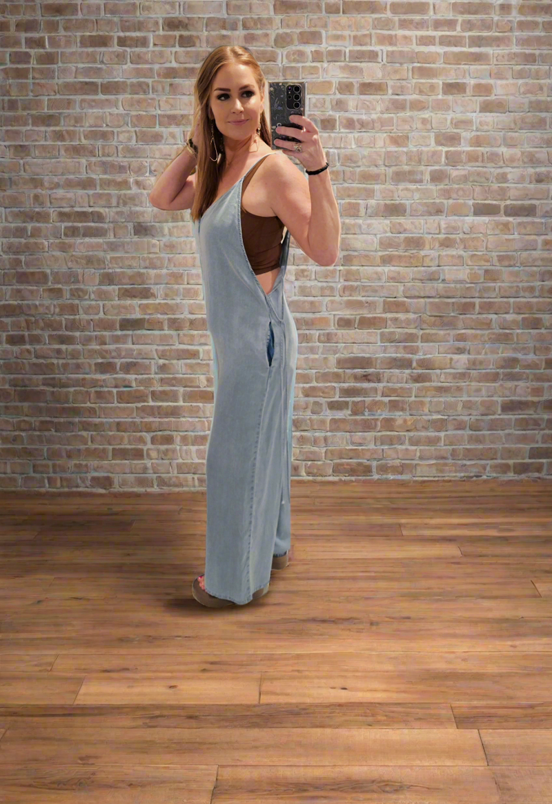 V-Neck Wide Leg Tencel Jumpsuit