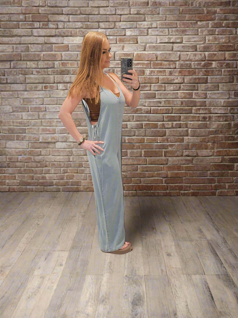 V-Neck Wide Leg Tencel Jumpsuit