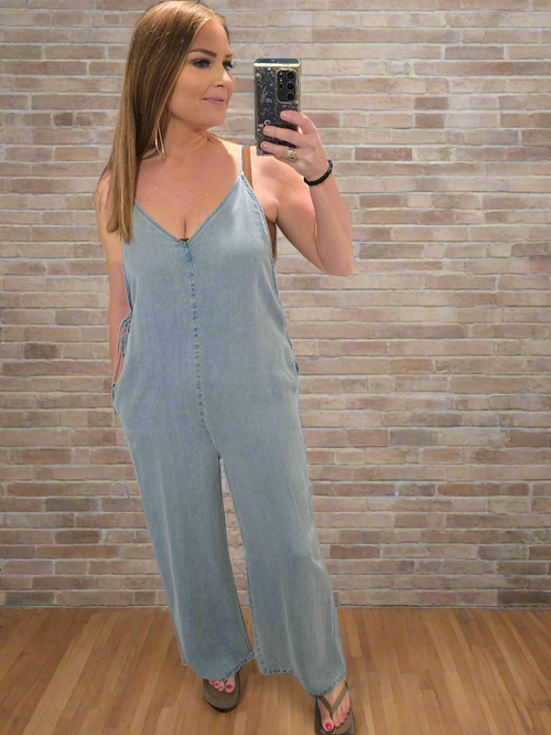 V-Neck Wide Leg Tencel Jumpsuit