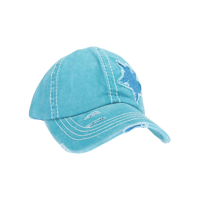 Distressed High Pony Cap with Glitter Star