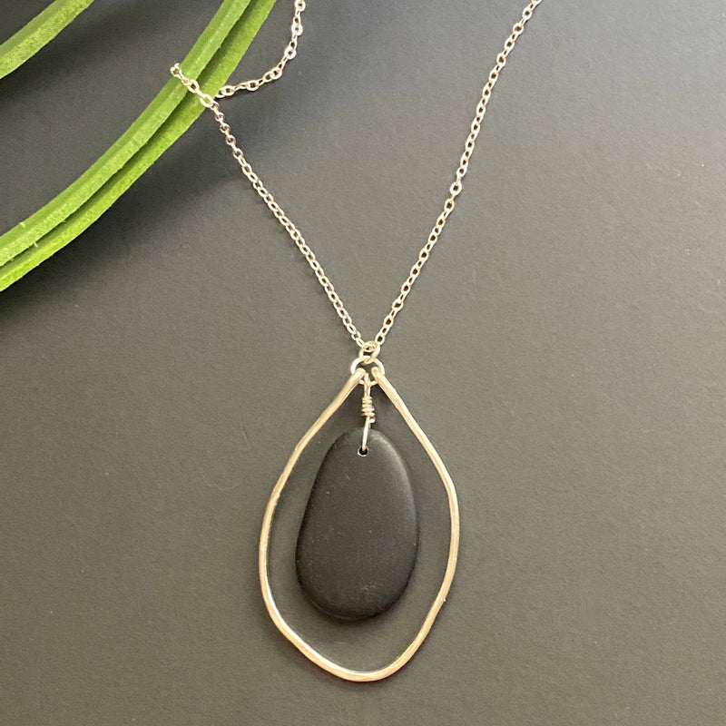 Silver Organic Hammered Hoop and Black Drop Necklace