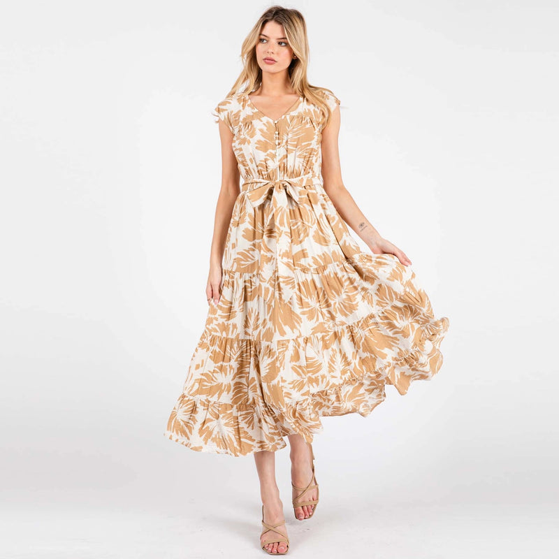 V-Neck Natural Midi Dress