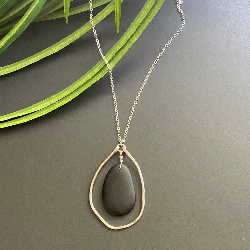 Silver Organic Hammered Hoop and Black Drop Necklace
