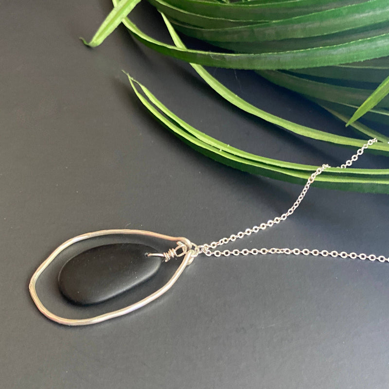 Silver Organic Hammered Hoop and Black Drop Necklace