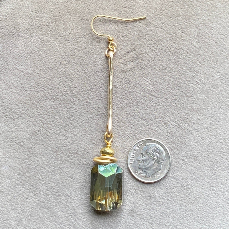 Green Crystal Earrings Rectangle Hammered Bar Drop