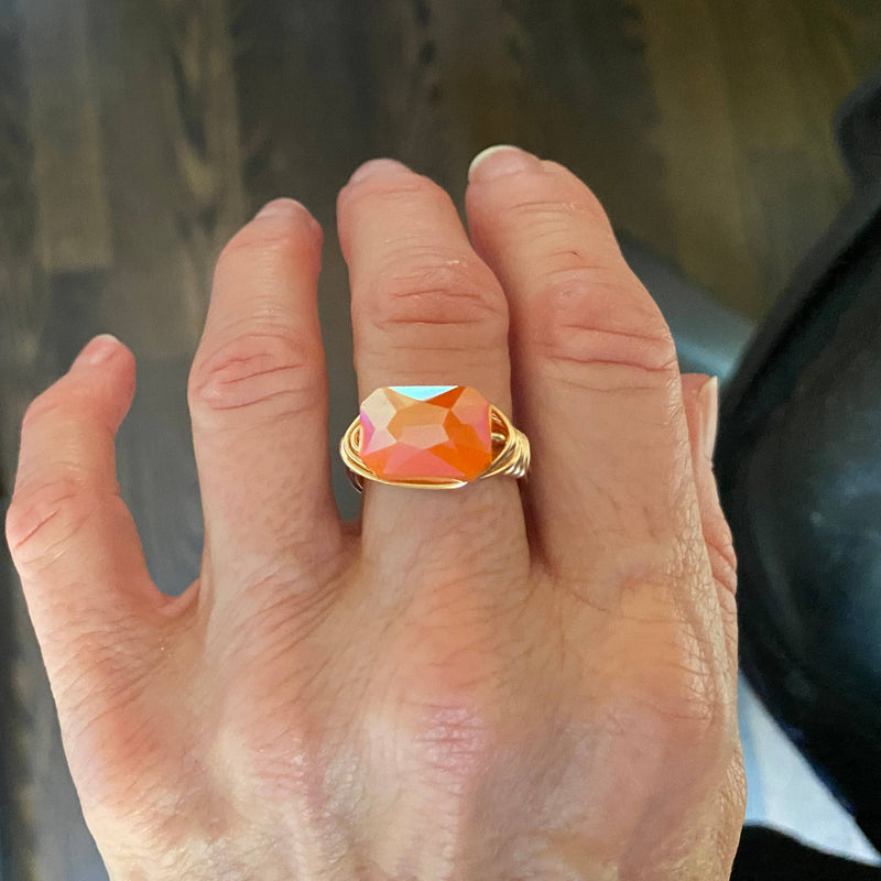 Orange Crystal Faceted Statement Ring