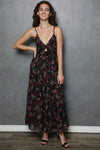 Black Floral Twist Front Maxi Dress w/ Red & Gold Accents