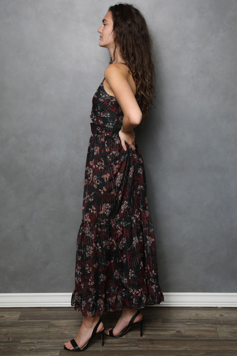 Black Floral Twist Front Maxi Dress w/ Red & Gold Accents Chelsea Pacifica Black Floral Twist Front Maxi Dress w/ Red & Gold Accents Chelsea Pacifica