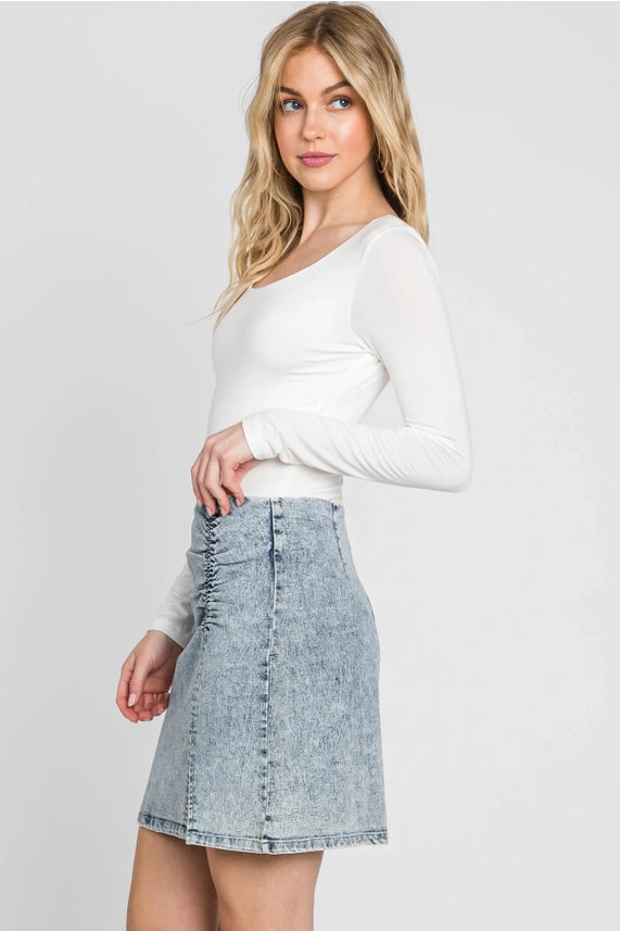 Shirring Slit Denim Mini Skirt