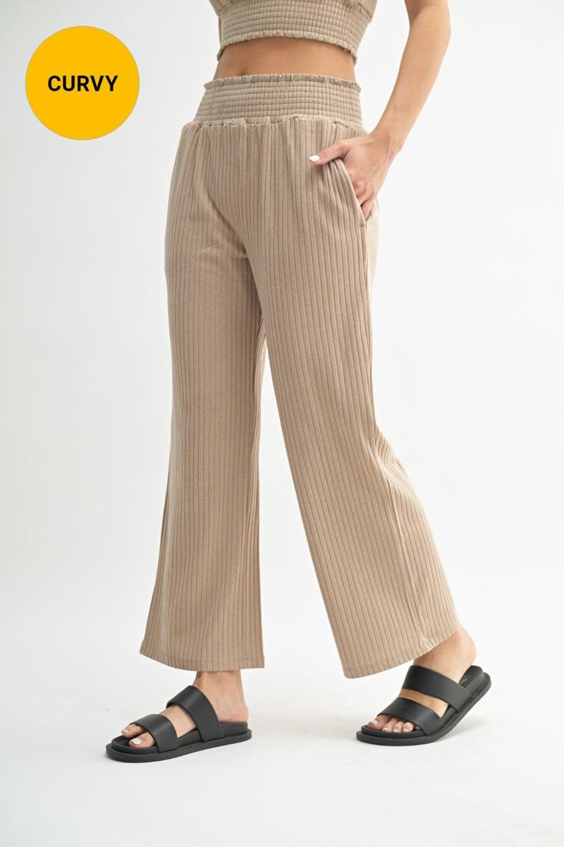 Curvy Smocked Waist Ribbed Wide Leg Pant