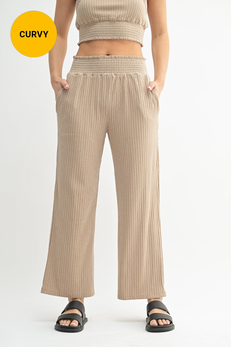 Curvy Smocked Waist Ribbed Wide Leg Pant