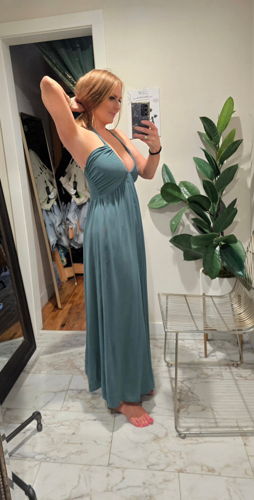 Solid Halter Neck Shirring Dress