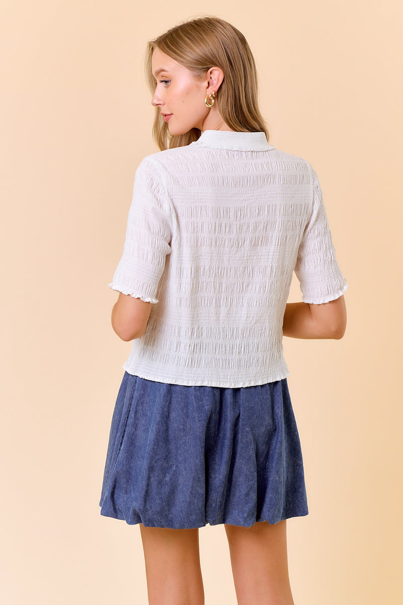 Jacquard Ruffle Button Down Top